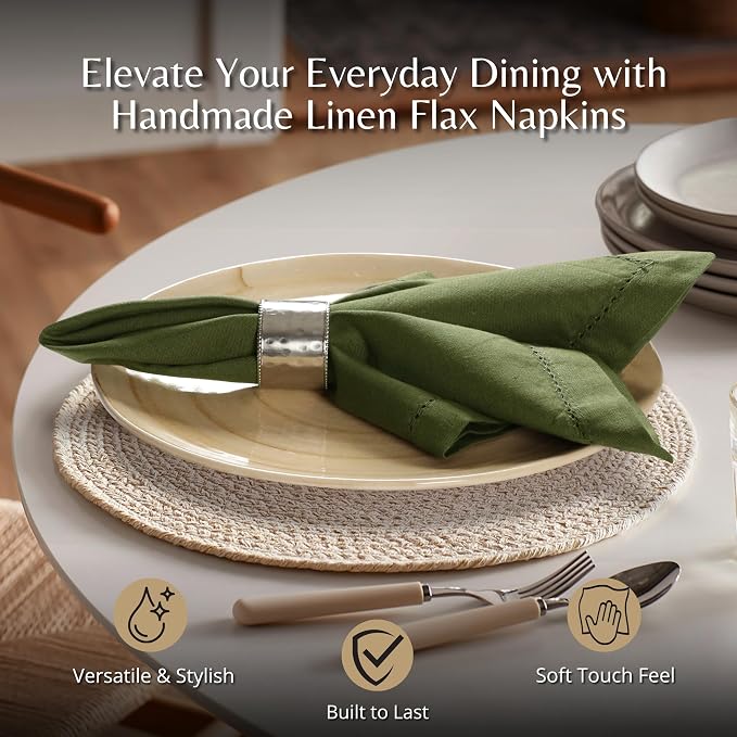 Ramanta Home Olive Green Cloth Dinner Napkin Set of 12-18x18 Inches | Cotton Linen Flax Hemstitched Napkins Washable for Everyday Use - Image 2