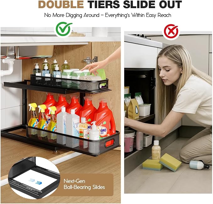 2-Pack 18.5 IN Depth Under Sink Organizer With Next-Gen Ball-Bearing Slides,Sophisticated Mesh 2-Tier Pull Out Shelf for Kitchen & Bathroom,Fits Small Items-Black - Image 4