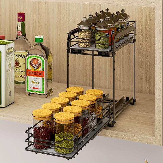 BOIVSHI Spice Rack Organizer for Cabinet, 2 Tier Pull Out Spice Organizer for Cabinet Height Adjustable Heavy Duty Metal Basket for Inside Cabinets & Pantry Closet (5.5''Wx10.5''Dx9.5''H) - Image 2