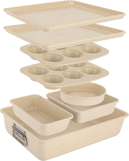 NutriChef 8-Piece Stackable Bakeware Set | Carbon Steel Non-Stick Baking Pan Set | Includes Sheet, Muffin, Round, Loaf, Square Cake & Deep Pans | No PFOA & PFOS | Oven Safe to 450 F | Marble Cream by NutriChef%E2%84%A2Kitchen