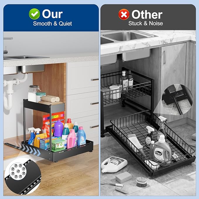 Insputer 2 Pack Under Sink Organizer, 2 Tier Under Cabinet Storage Expandable Width 9.8"-15" & Height Adjustable, Thickened Pull Out Shelf for Bathroom, Kitchen, Laundry, Pantry(Black) - Image 3