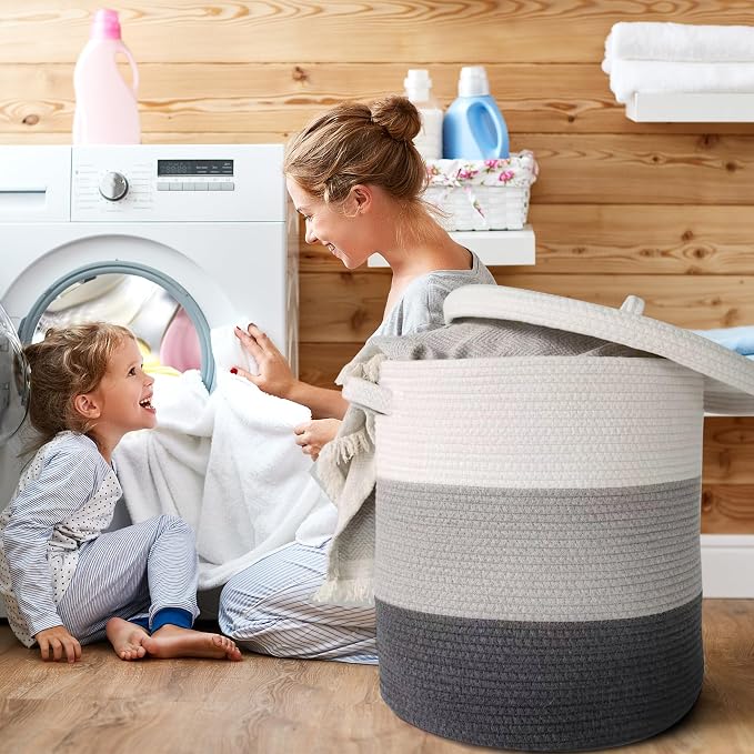 Large Storage Basket with Lid 60L, 16"Wx18"H Woven Laundry Basket with Lid Cotton Laundry Basket, Wicker Basket Blankets Pillows Storage in Living Room Baby Nursery, Dark Gray/Gray/White Mix with Lid - Image 4