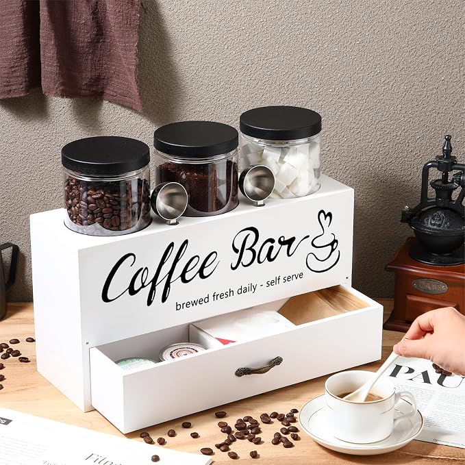 3 Pcs Coffee Bar Containers Set Include Coffee Sugar Container with Lid and Spoon and Double Layer Storage Box with Drawer for Bar Kitchen Countertop(White) - Image 5