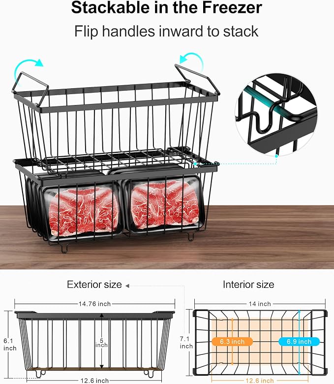 Freezer Organizer Bins - Small Storage Baskets for 7 Cu.Ft, 4 Pack | Easy Access Handles, Stackable Deep Freezer Wire Baskets, Vertical Space Sorts for Frozen Meat, Vegetable and Bagged Items - Image 8