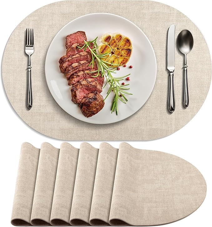 Placemats for Dining Table Set of 6 Non-Slip, Heat Resistant Oval Leather Placemat Double Layer, Waterproof Table Mats Easy to Clean for Kitchen Dining Room Coffee Office Table, Beige by Delicateandelegantplacemats