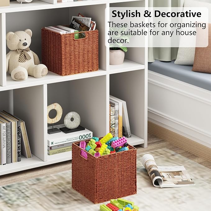 Wicker Storage Basket, Set of 2 Hand-Woven Paper Rope Wicker Basket, Foldable Cube Storage Bins, 9 inch Square Storage Baskets for Organizing Shelves & Decor, Orange (9″×9″×9″) - Image 5