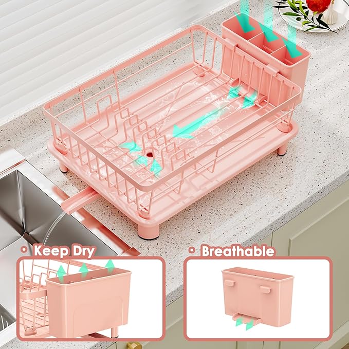 Dish Drying Rack, Stainless Steel-Dish Rack, Dish Racks for Kitchen Counter, Kitchen Dish Drainers with Removable Utensil Holder,New Drain Outlet,Plate Rack and Drainboard,(Pink-11 W x 15" L) - Image 2