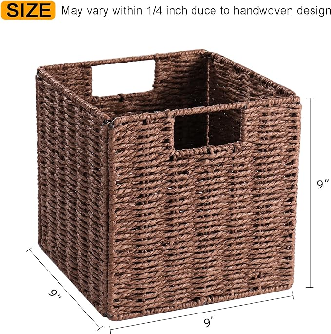 Wicker Storage Basket, Set of 2 Hand-Woven Storage Baskets for Shelves, Foldable Cube Storage Baskets Bins with Handles, 9 inch Small Wicker Baskets for Organizing Pantry Bedroom, Brown - Image 5