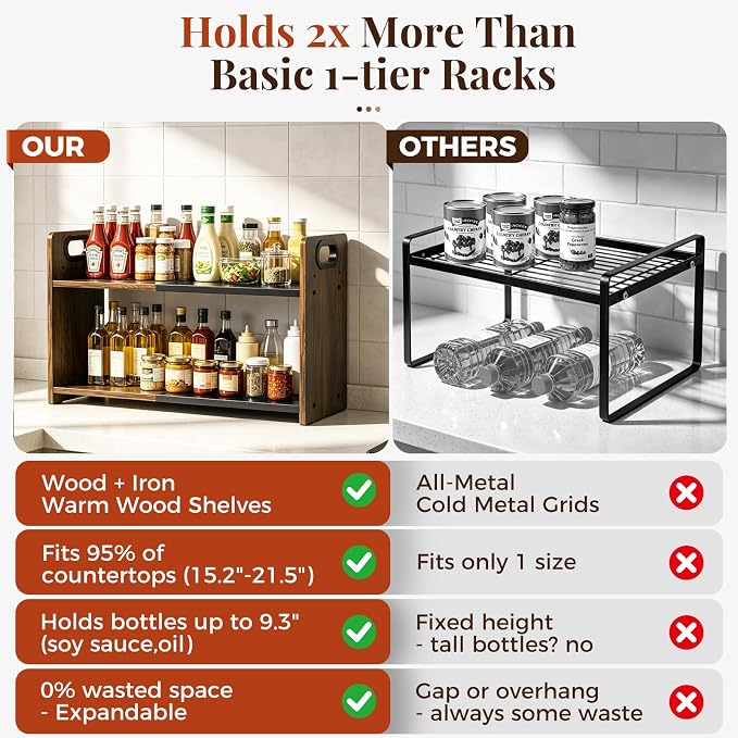 2-Tier Expandable Spice Rack Organizer for Countertop,15.2"-21.5" | Metal & Wood ,Adjustable Height Spice Racks Shelf for Counter Cabinet Coffee Station, Space-saving Kitchen Storage Shelves - Image 4