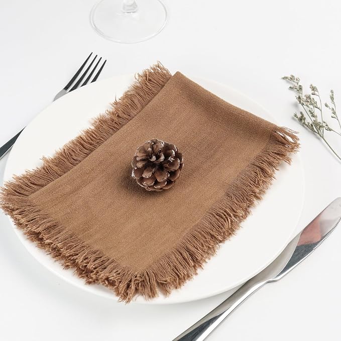 Handmade Cloth Napkins with Fringe,18 x 18 Inches Cotton Linen Napkins Set of 6 Versatile Handmade Square Rustic Fringe Napkins for Dinner, Wedding and Parties, Taupe - Image 5