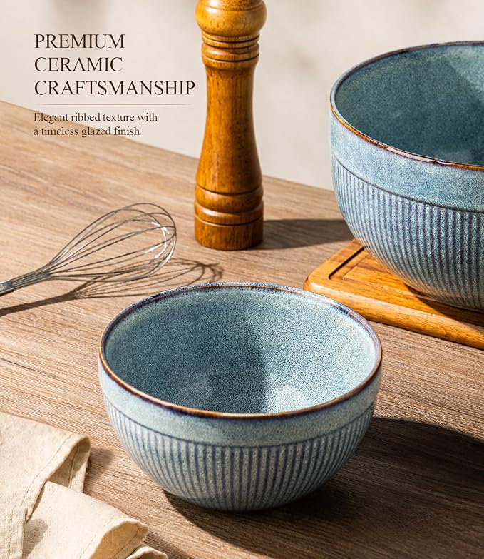 GBhome Ceramic Mixing Bowls Set of 3, Stoneware Nesting Serving Bowls, | 45/90/150 oz For Prep, Baking, Serving, Gift, Microwave and Dishwasher Safe, Ribbed Dishware Collection,Ceylon Blue - Image 5
