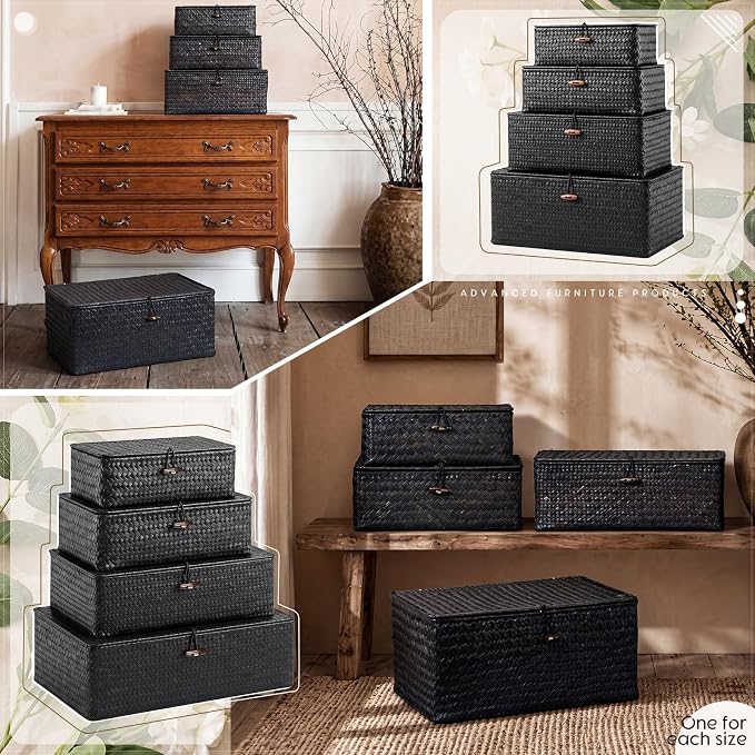 Woanger Set of 4 Wicker Baskets with Lids, Nautral Seagrass Storage Baskets, Woven Rectangular Basket Bins, Rattan Storage Organizer for Shelf Closet Bedroom(Black) - Image 5