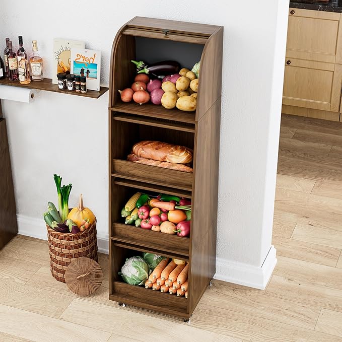 Movable Potato Storage Bins, Fruit Vegetable Basket, Kitchen Pantry Cabinet | Tall Large Potato and Onion Storage Bin, for Bread, Mid Century Modern, Wooden, with Sliding Door and Wheels, 4 Tier, Walnut - Image 2