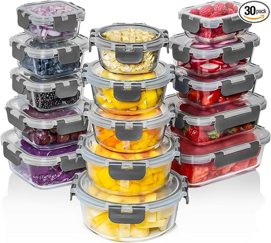 Razab 30 PC Glass Food Storage Containers with Lids - Reusable Glass Meal Prep Containers for Lunch and Leftovers - Airtight & Leakproof Snap Locking Lids - Oven, Freezer, Microwave & Dishwasher Safe by RazabHomeGoods