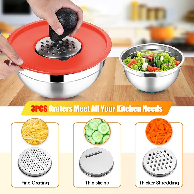 E-far Stainless Steel Mixing Bowls with Lids Set, 5-Piece Nesting Salad Bowls with 3 Grater Attachments and Non-Slip Bottoms, Size 4.6, 2.6, 2, 1.5, 1QT for Kitchen (Colorful) - Image 5
