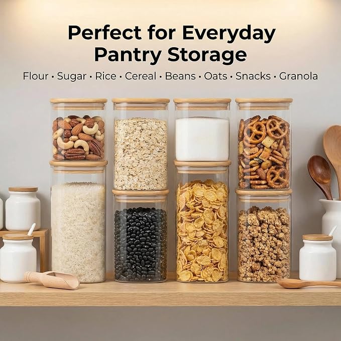 Airtight Glass Storage Containers with Lids 8 Pack, 25/37 /50oz Square Glass Jars with Bamboo Lids, Kitchen Canister Set for Pantry Organization Food Storage for Flour Sugar Rice Pasta Cereal - Image 4