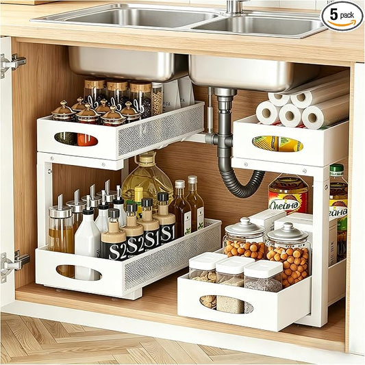 2 Pack Under Sink Organizer, 2-Tier Pull Out Kitchen Cabinet Organizer, Height Adjustable Metal Slide Out Bathroom Organizers and Storage Makeup Drawer Organizer for Office Bedroom(A-White, 2Pack) by EGBULL
