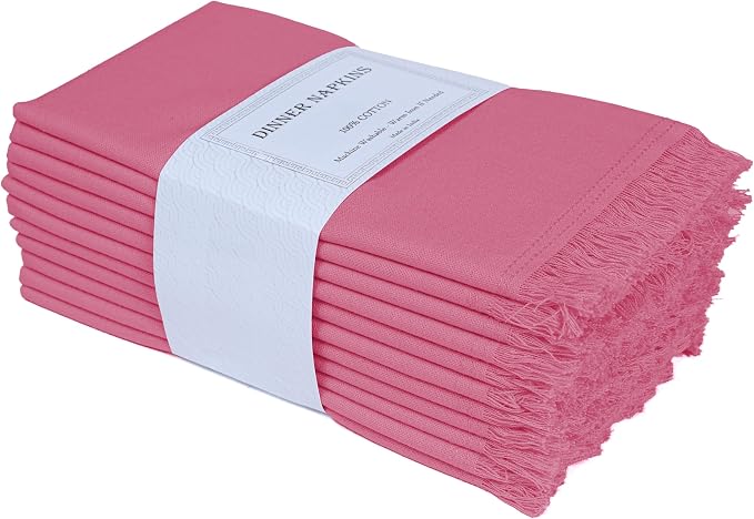 Bedding Craft Cotton Cloth Dinner Napkins Set of 12 – 18x18 Baby Pink with Frayed Selvedge Edges – Reusable Machine Washable Fabric Napkins for Weddings, Baby Showers, Parties & Dining by BeddingCraft