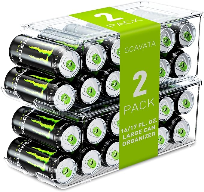 SCAVATA 2 Pack Tall Skinny Can Organizer for Refrigerator, Stackable Large Soda Cans of 16oz & 17oz Beverage Energy Drink Container Holder Dispenser with Lid for Fridge, Clear Storage Plastic Bins by Tidyyourlife