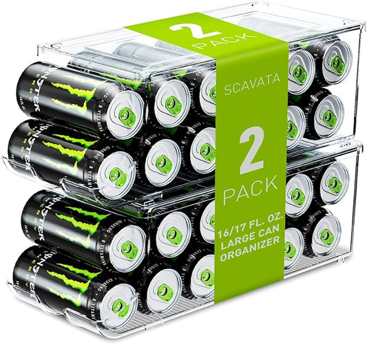 SCAVATA 2 Pack Tall Skinny Can Organizer for Refrigerator, Stackable Large Soda Cans of 16oz & 17oz Beverage Energy Drink Container Holder Dispenser with Lid for Fridge, Clear Storage Plastic Bins by Tidyyourlife