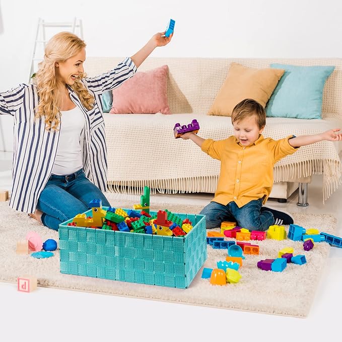 Storage Baskets with Lids: 6 Pack Stackable Woven Storage Bins, Aqua | Decorative Woven Baskets for Organizing with Built-In Handles for Shelves, Closets, Cabinets and Cubbies, Gift Small Basket - Image 6