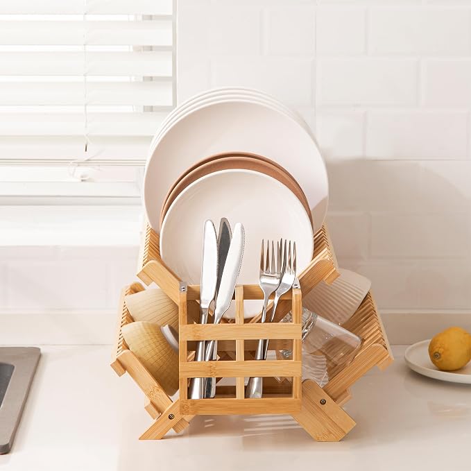 HBlife Bamboo Dish Drying Rack with Utensils Flatware Holder Set, 3-Tier Large Folding Drying Holder for Kitchen Counter, Collapsible Drainer - Image 4