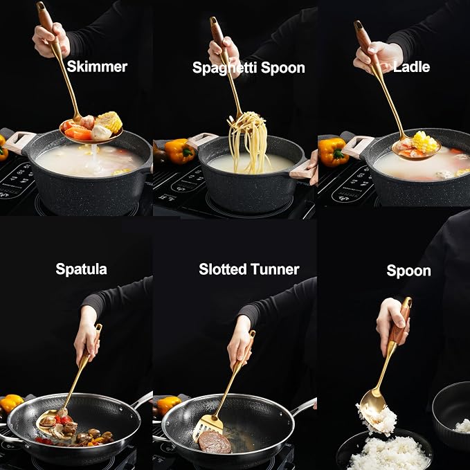Gold Kitchen Utensils Stainless Steel with Wooden Handle 6 PCS | Food Grade 304,Anti-scald,12.5-14",Hanging Hole;Great Choice for Gifts - Image 2