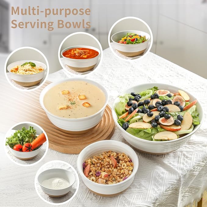 HASENSE Ceramic Serving Bowls, Large Salad Pasta Mixing Bowls Set, 2.1/1.0/0.5 Qt for Entertaining, White Nesting Batter Bowls for Prepping Baking, Dishwasher Microwave Safe, Set of 3 - Image 6