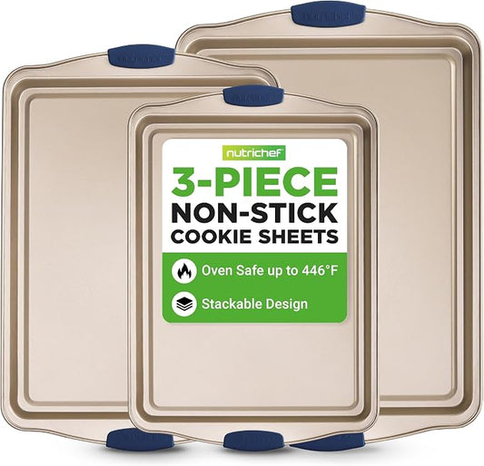NutriChef 3‑Piece Non‑Toxic Cookie Sheets for Baking – Premium Carbon Steel Oven Tray Set with Blue Silicone Handles – Nonstick Baking Sheet Set for Cookies, Pastries & Oven‑Safe Cooking by NutriChef%E2%84%A2Kitchen