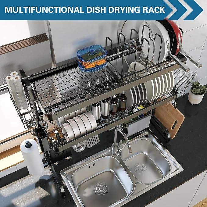 LIVOD Over The Sink Dish Drying Rack,3 Tier Adjustable Length Full Stainless Steel Large Storage Kitchen Dish Rack,for Kitchen Counter Expandable Multifunctional Organizers,Silver (25.5'' to 37.6'') - Image 7