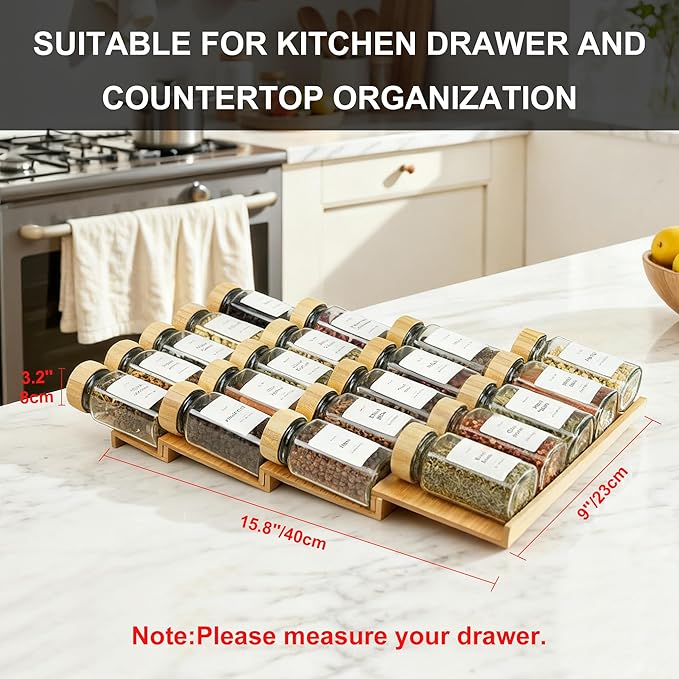 Spice Drawer Organizer with 20 Bamboo-lidded Spice Jars,216 Labels,25 Non-slip Rubber, Bamboo 4 Tier Seasoning Rack Tray Insert for Kitchen Drawers,Cabinets,Countertop,9" Wide x 15.8" Deep - Image 6