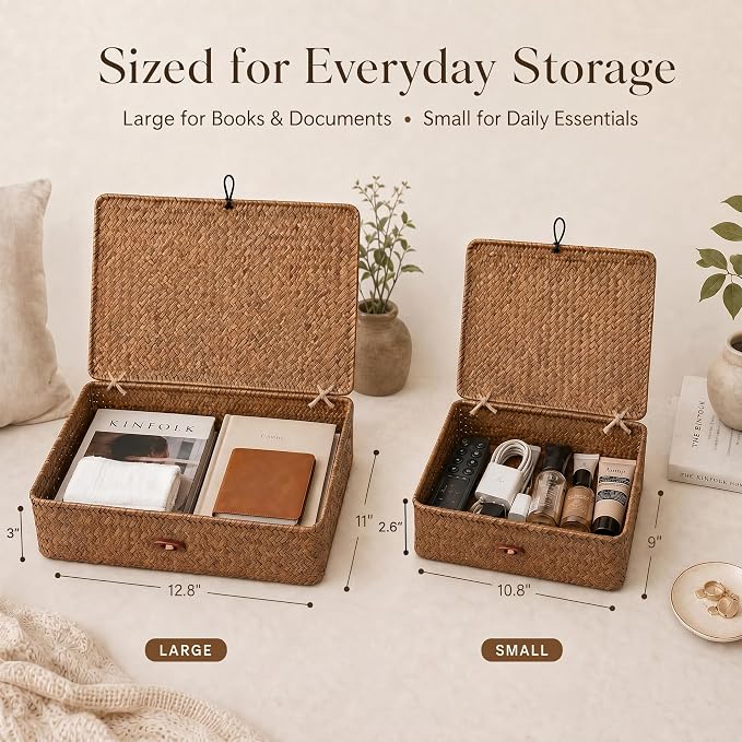 YANGQIHOME Set of 2 Seagrass Baskets with Lids, Rectangular Woven Storage Baskets, Natural Wicker Basket Boxes for Coffee Table, Shelf, Bathroom Counter & Closet Decor (Coffee, Set of 2) - Image 2
