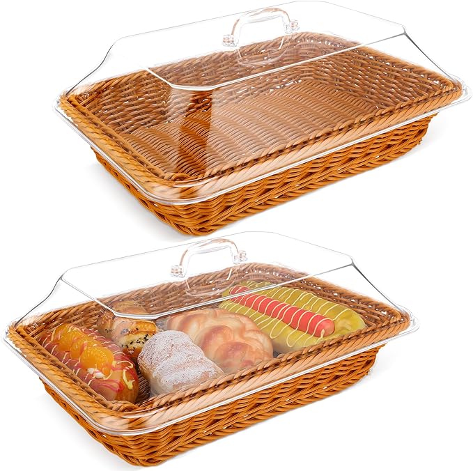 Mumufy 2 Pack Wicker Large Bread Basket with Acrylic Lid Housewarming Gift Woven Rectangular Imitation Rattan Fruit Basket with Cover for Serving Food Display Tabletop Home Kitchen(13.78x9.84'') by Mumufy