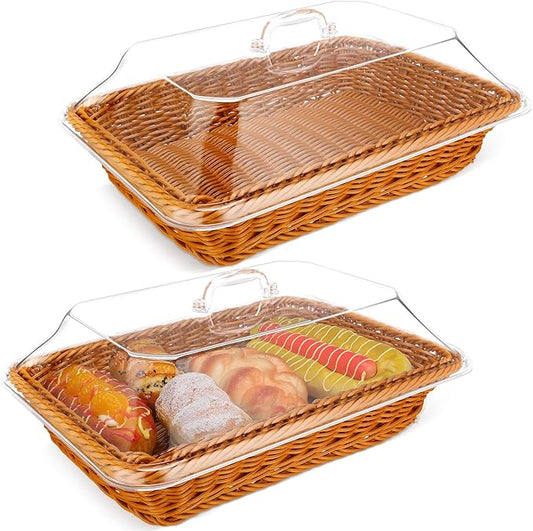 Mumufy 2 Pack Wicker Large Bread Basket with Acrylic Lid Housewarming Gift Woven Rectangular Imitation Rattan Fruit Basket with Cover for Serving Food Display Tabletop Home Kitchen(13.78x9.84'') by Mumufy