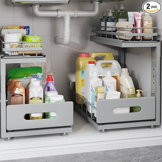 Under Sink Organizer Upgrade To Professional Rails,2-Tier Dual Pull Out Cabinet Storage,Height Adjustable Slide Out Drawers For Bathroom Kitchen,2 Pack-14.5"Dx12.8"-16.9"H,Gun Gray by UnderSinkOrganizer