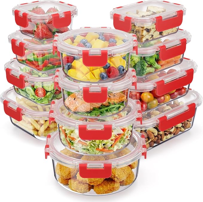 Emporio Kitchen Borosilicate Glass Food Storage Containers with Lids 24 Pieces, BPA-Free Stackable Lunch & Leftover Containers, Microwave, Freezer & Dishwasher Safe, 100% Airtight Leak-Proof, Red by Unknown