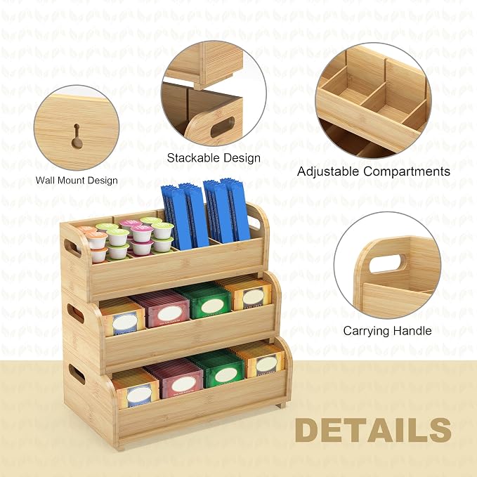 Wisuce 3-Tier Bamboo Tea Bag Organizer, Stackable Tea Holder for Countertop | Tea Box Shelf with Removable Dividers, Wall Mount Large Capacity Tea Organizers and Storage for Pantry Kitchen Office Bar - Image 6