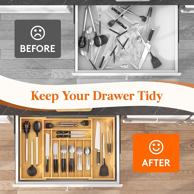 Lifewit Silverware Drawer Organizer, Wooden Utensil Tray for Kitchen | Expandable Flatware and Cutlery Holder, Adjustable Storage for Spoons Forks Knives, 17-28 x 18.5", Natural - Image 9