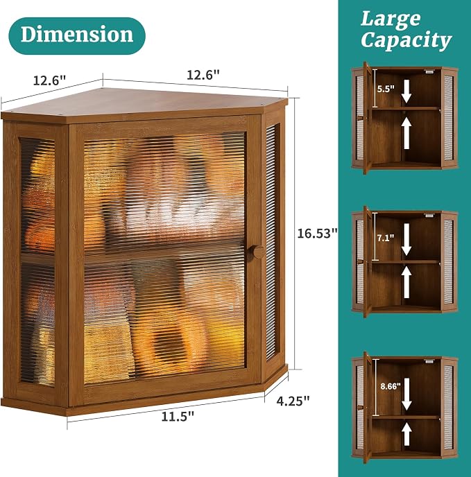 Brown Corner Bread Box, Large Bamboo Bread Box for Kitchen Countertop, 2 Tier Wooden Bread Storage, Solid Bamboo Wood - Image 2
