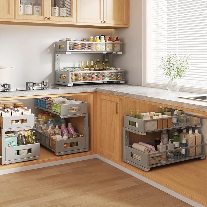 2 Packs 21IN Depth Under Sink Organizer, 2-Tier Pull Out Cabinet Organizer With Smooth Circular Rail, Large Capacity Metal Mesh Sliding Drawers For Bathroom& Kitchen Storage,Height Adjustable-Gun Gray - Image 5