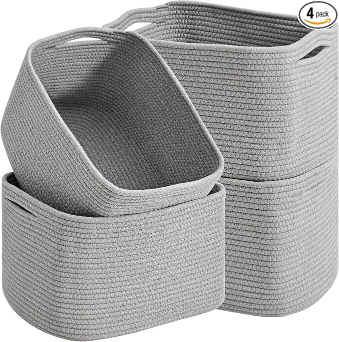 ICERZCZ Woven Cotton Rope Storage Baskets for Organizing & Shelves, Organization Bins for Dog Toys, Clothes, Books, Nursery Organizer, 15"x11"x9", Grey (4 Packs) by ICERZCZ