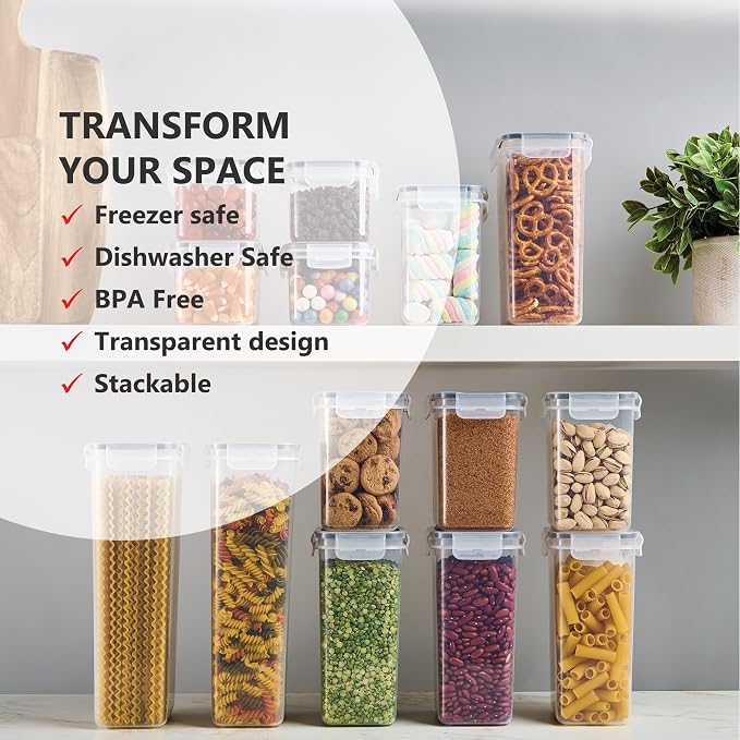 DWËLLZA KITCHEN Set of 14 Airtight Food Storage Containers for Pantry Organization and Storage - Sugar, Flour, Pasta, Spaghetti Plastic Air tight Kitchen Storage Containers With Lids, Labels & Marker - Image 5