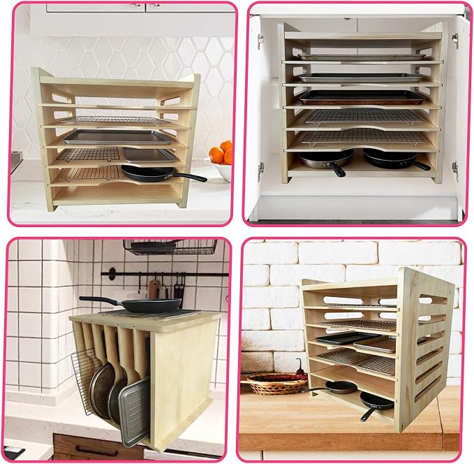 7-Layer Small-Sized Wood Tray Divider for Cabinet, 16.5 in x15.2 in x14 in | Tray Dividers for Kitchen Cookie Sheets, Baking Trays, Cutting Board, Pans, for Organizing Cabinets, 5Y Warranty - Image 2