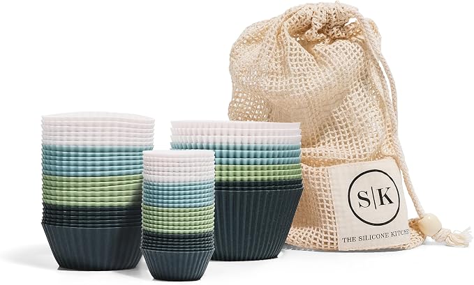 Reusable Silicone Baking Cups Gift Set Bundle, 24 Regular, 12 Jumbo, 24 Mini, Blue, Green, White by TheSiliconeKitchen