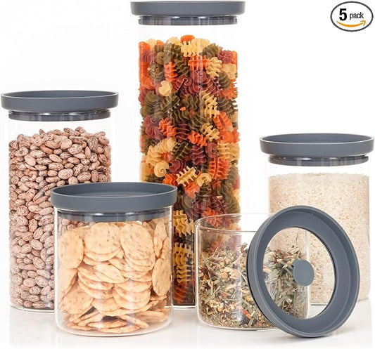Glass Kitchen Storage Containers with Airtight Silicone Lids, BPA-Free Pantry Glass Jars with Airtight Lid for Pantry Meal Prep, Pasta and Food – Set of 5 with Portion Tool by TheHazelPantry