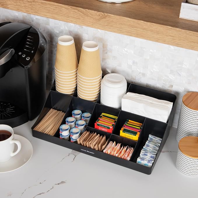 Mind Reader Cup and Condiment Station, Countertop Organizer, Coffee Bar, Kitchen, Stirrers, 17.875"L x 9.5"W x 6.625"H, Black - Image 6