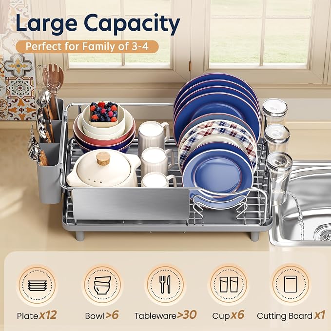 KINGRACK Stainless Steel Dish Drying Rack with Cup Holder for Counter, Grey | 16.9"L x 12.4" W Dish Rack with Spacious Drying Capacity, Quick Auto Dish Drainer for Plate Dish Dinnerware，Sliver - Image 3
