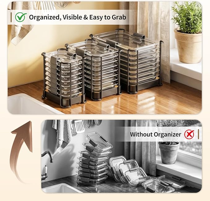 MOUKABAL Metal Lid Organizer for Rubbermaid Brilliance, Kitchen 3-Pack 1 | Fits 1.3,3.2,4.7,9.6 Cup Rubbermaid Brilliance lids/Space-saving upright storage/Metal frame with bamboo base/Ready to use - Image 2