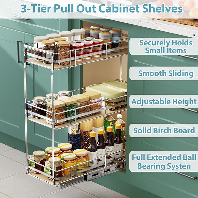 Pull Out Spice Rack Cabinet Organizer 8" W x 20½" D, 3 Tier Heavy Duty Slide Out Wood Shelf for Narrow Cabinet, Pull Out Storage for Kitchen - Image 2