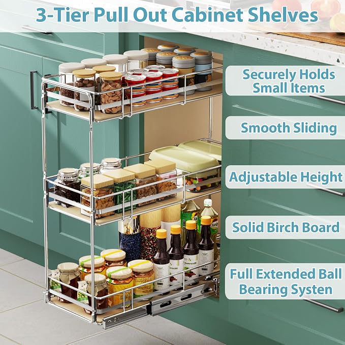 Pull Out Spice Rack Cabinet Organizer 8" W x 20½" D, 3 Tier Heavy Duty Slide Out Wood Shelf for Narrow Cabinet, Pull Out Storage for Kitchen - Image 2